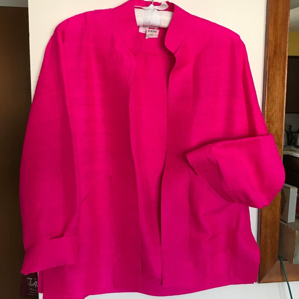 Endo-Chic Hot Pink 100% Shantung Silk Jacket w/linear stitching &  pockets, sz S